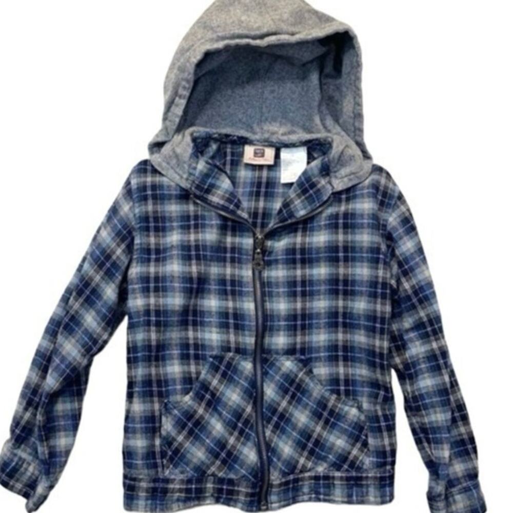 Girls Plaid Flannel Hoodie Jacket Size 6 Blue Gray Full Zip Hooded Shirt Jacket